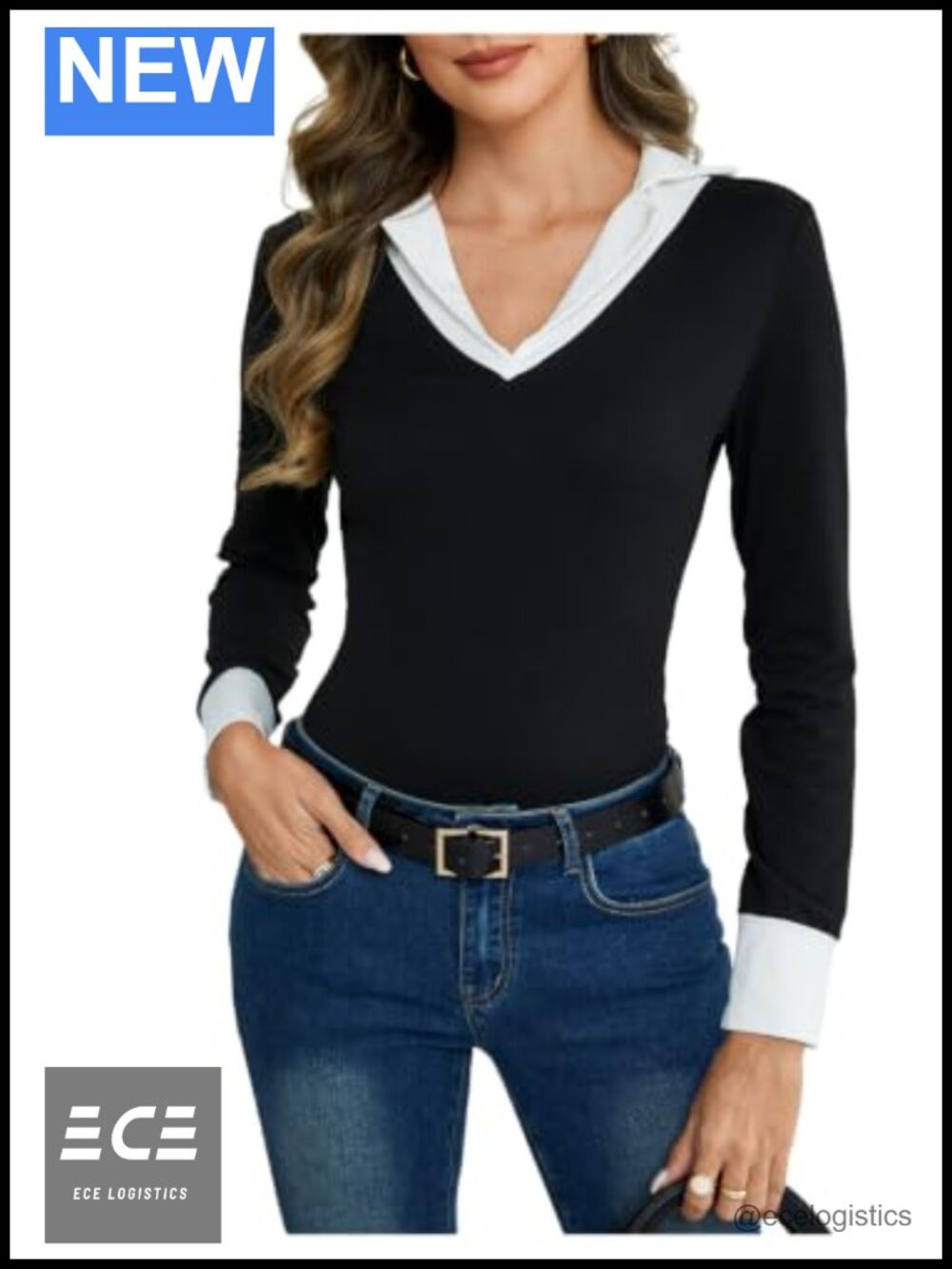 Women's 2 in 1 Collared V Neck Long Sleeve Fitted Tee Business Casual Fall
